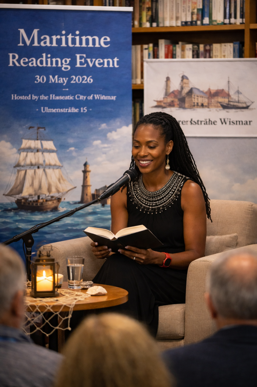 Hosted by the Hanseatic City of Wismar Library, at Ulmenstraße 15, part of a reading lounge in the city library.